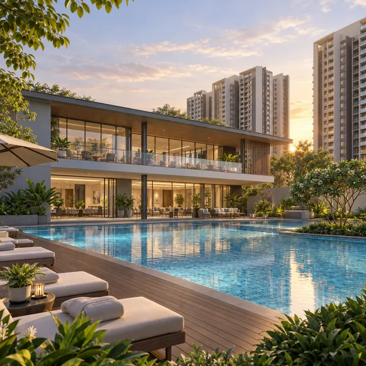 Newgen Bagalur clubhouse beside a swimming pool and timber deck with the towers behind, at sunset, artist's impression