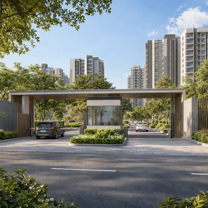 Newgen Bagalur gated entrance with a security cabin and a landscaped driveway leading to the towers, artist's impression