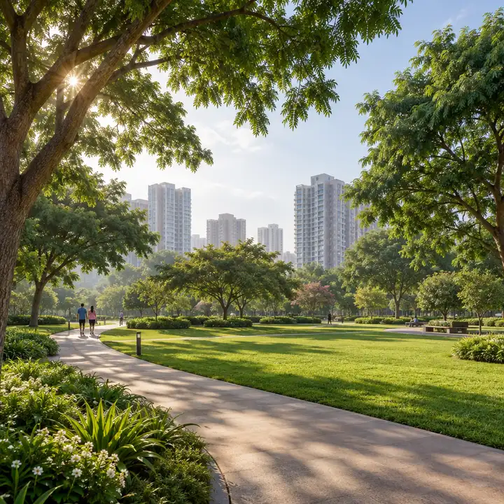Newgen Bagalur landscaped green belt with a curving walking path, lawns and shade trees, towers beyond, artist's impression