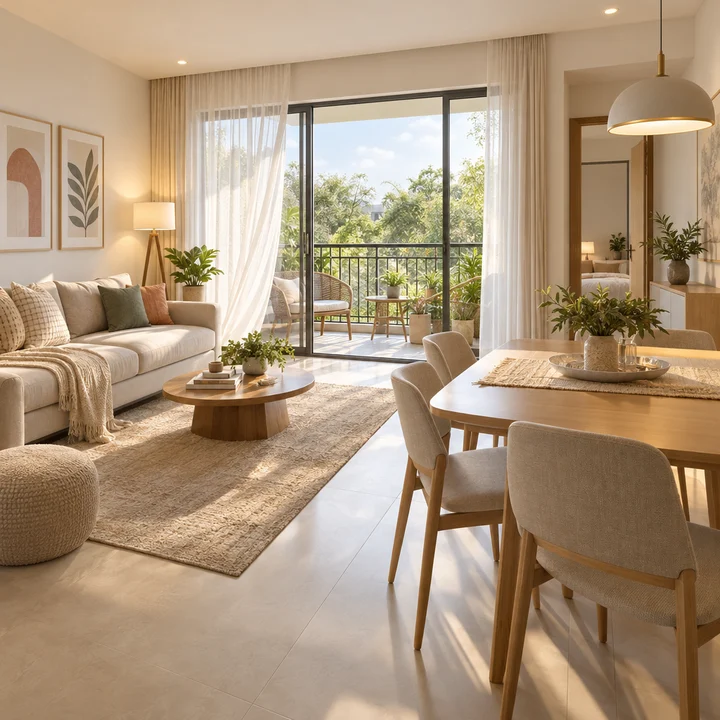 Newgen Bagalur indicative living and dining room with balcony doors open to greenery, artist's impression