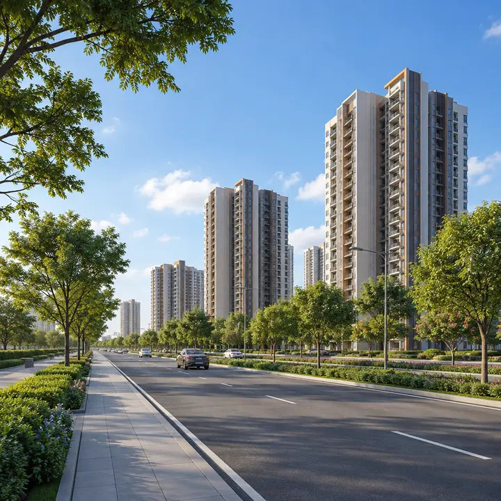 Newgen Bagalur towers seen across a wide tree-lined avenue on a clear day, artist's impression
