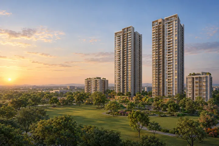 Newgen Bagalur residential towers rising over landscaped lawns and trees at golden hour, artist's impression